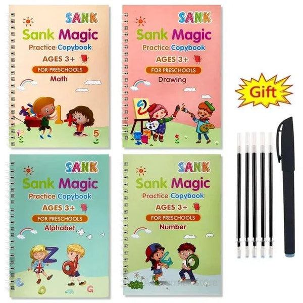 Sank Magic Reusable Handwriting Practice Workbook for Kids | Writing Practice Copybook for Children | Four Books & A Pen
